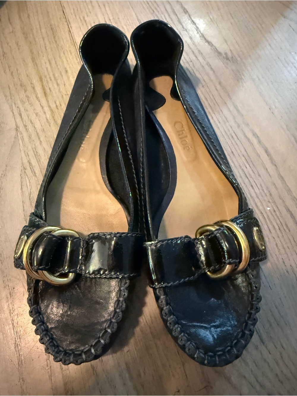 Chloe Vintage Black Patent Leather Buckle Ballet Flats - size 41